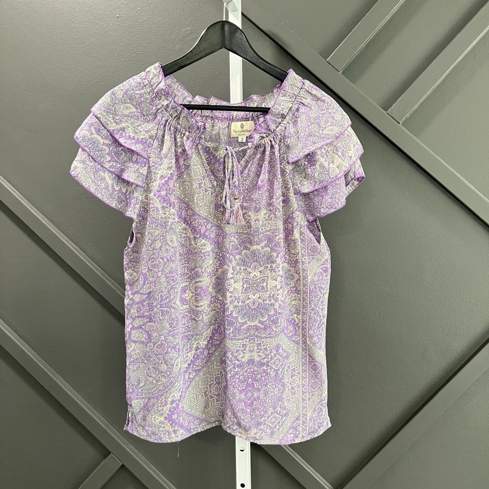 PerryWalker Collective Size 3 L 100% Silk Purple Paisley Ruffle Sleeve Blouse